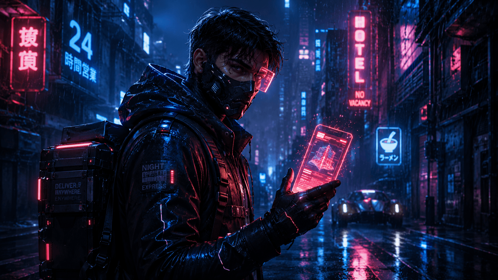 Cyberpunk character portrait in a rainy neon-lit street.