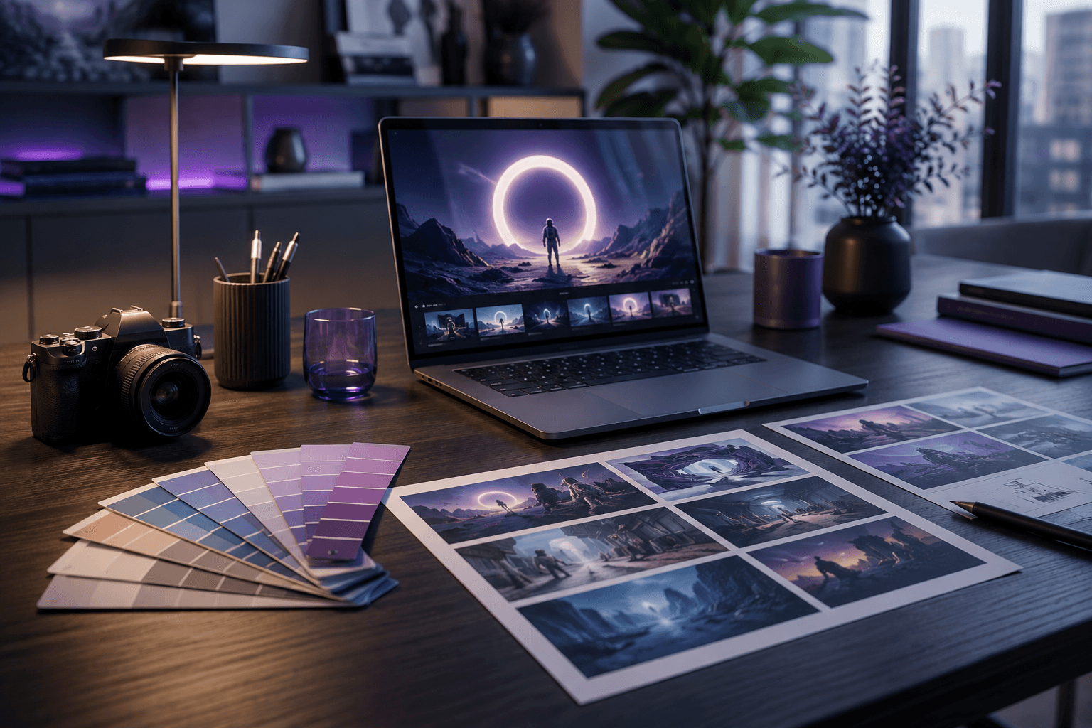 Creative desk with laptop, color swatches, camera, and storyboard frames.